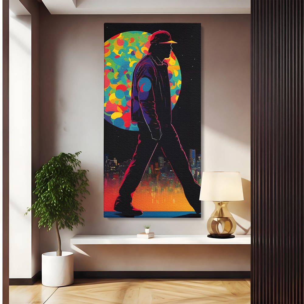 Tablou canvas cu tablou vertical cu silueta de barbat si oras, fara rama, pe sasiu de lemn